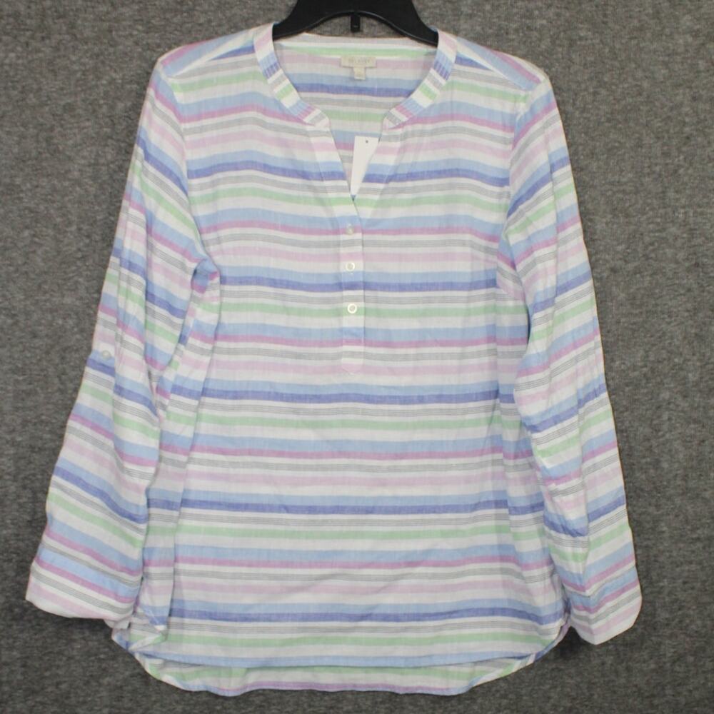 Talbots Petite Large Top Tunic Popover Shirt 100% Linen Striped Multi-Color NEW